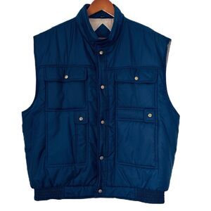 Ozark Trail Puff Vest Men XL Navy Tan Nylon Metal Snap Pocket Utility Gorp Comfy